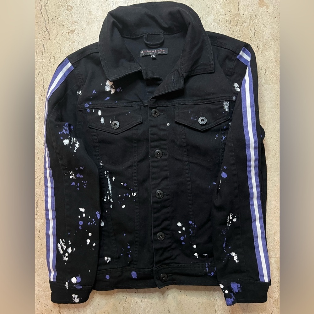M. Society Politically Incorrect Paint Splatter Black Denim Jacket Size Small